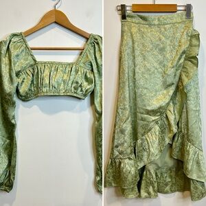 Alamour the Label Skirt Set Long Sleeve Crop Top Ruffle Midi Skirt Green
